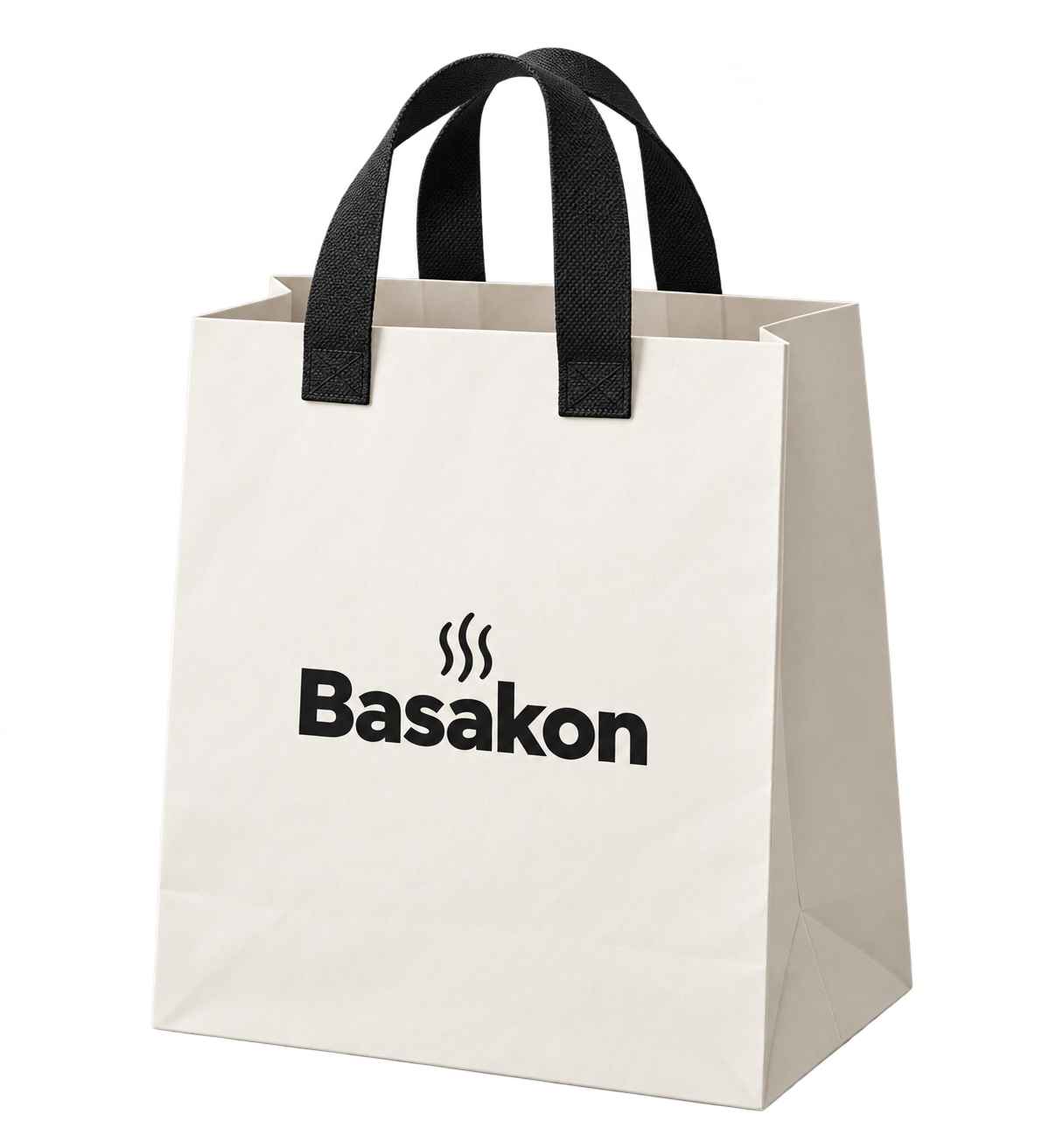 검정 손잡이와 Basakon 로고가 있는 아이보리 쇼핑백